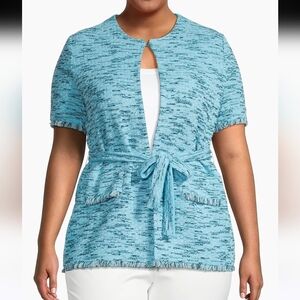 NWT Ming Wang Women's Blue Belted Tweed Open Front Knit Sweater Size Medium